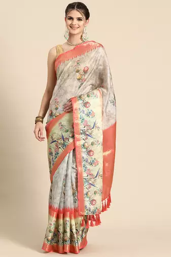 Silk land grey floral faux kanjivaram silk saree with unstitched blouse piece