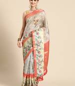 Silk land grey floral faux kanjivaram silk saree with unstitched blouse piece