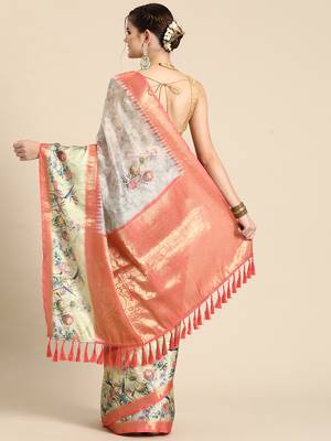 Silk land grey floral faux kanjivaram silk saree with unstitched blouse piece 2