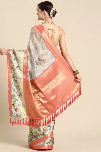 Silk land grey floral faux kanjivaram silk saree with unstitched blouse piece