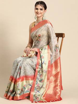 Silk land grey floral faux kanjivaram silk saree with unstitched blouse piece 3