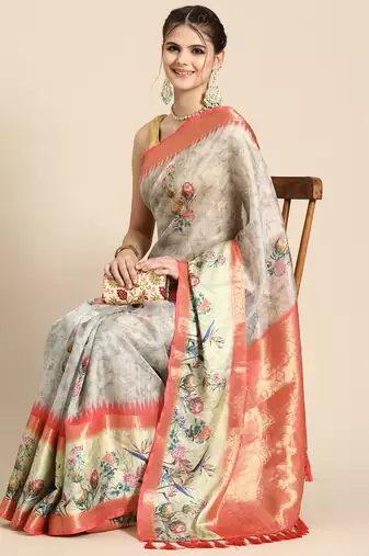 Silk land grey floral faux kanjivaram silk saree with unstitched blouse piece