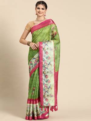 Silk land green floral faux kanjivaram silk saree with unstitched blouse piece 1