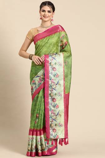 Silk land green floral faux kanjivaram silk saree with unstitched blouse piece
