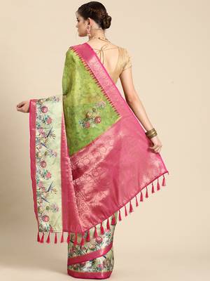 Silk land green floral faux kanjivaram silk saree with unstitched blouse piece 2