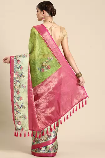 Silk land green floral faux kanjivaram silk saree with unstitched blouse piece