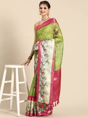 Silk land green floral faux kanjivaram silk saree with unstitched blouse piece 3