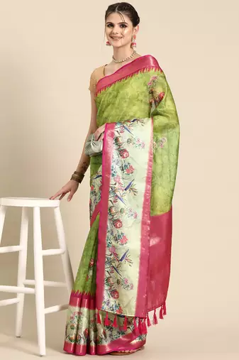 Silk land green floral faux kanjivaram silk saree with unstitched blouse piece