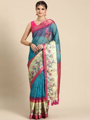 Silk land teal floral faux kanjivaram silk saree with unstitched blouse piece 1
