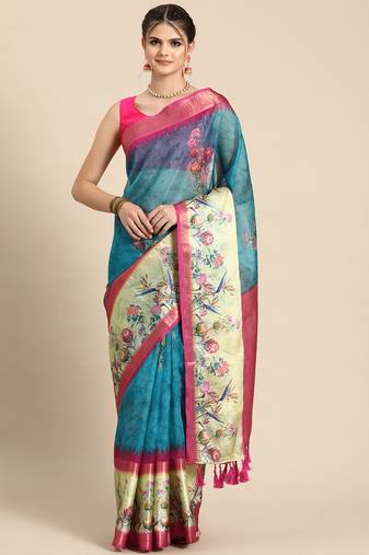Silk land teal floral faux kanjivaram silk saree with unstitched blouse piece