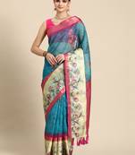 Silk land teal floral faux kanjivaram silk saree with unstitched blouse piece
