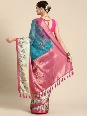 Silk land teal floral faux kanjivaram silk saree with unstitched blouse piece 2