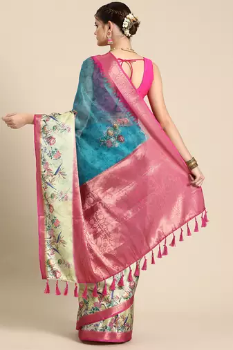 Silk land teal floral faux kanjivaram silk saree with unstitched blouse piece