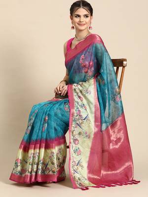 Silk land teal floral faux kanjivaram silk saree with unstitched blouse piece 3