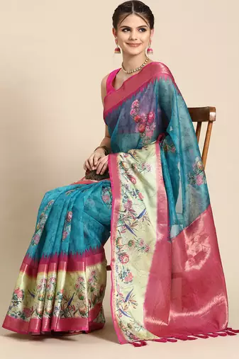 Silk land teal floral faux kanjivaram silk saree with unstitched blouse piece