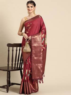 Silk land red floral kanchipuram silk saree with unstitched blouse piece 1