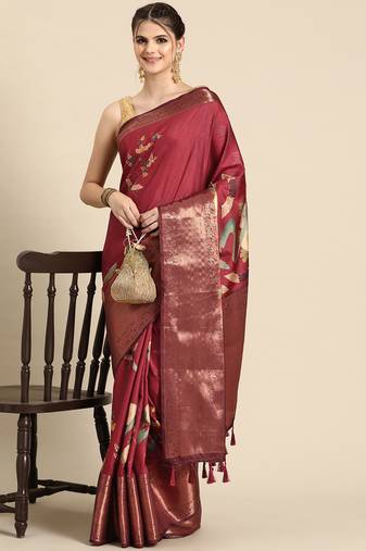 Silk land red floral kanchipuram silk saree with unstitched blouse piece
