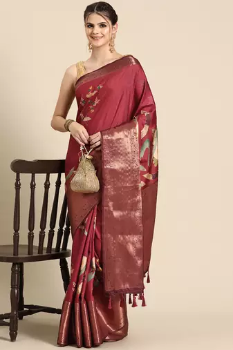 Silk land red floral kanchipuram silk saree with unstitched blouse piece