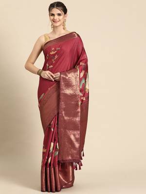 Silk land red floral kanchipuram silk saree with unstitched blouse piece 2