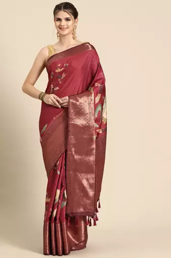 Silk land red floral kanchipuram silk saree with unstitched blouse piece