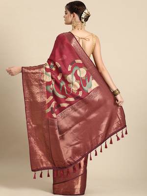 Silk land red floral kanchipuram silk saree with unstitched blouse piece 3