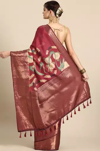 Silk land red floral kanchipuram silk saree with unstitched blouse piece