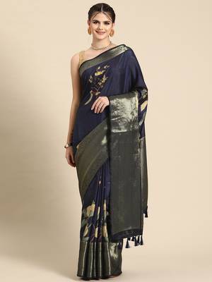Silk land navy blue floral kanchipuram silk saree with unstitched blouse piece 1