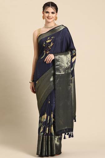 Silk land navy blue floral kanchipuram silk saree with unstitched blouse piece
