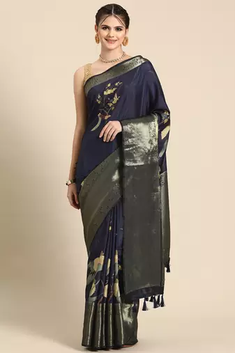 Silk land navy blue floral kanchipuram silk saree with unstitched blouse piece