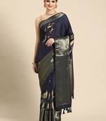 Silk land navy blue floral kanchipuram silk saree with unstitched blouse piece