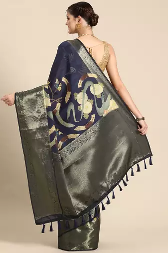 Silk land navy blue floral kanchipuram silk saree with unstitched blouse piece