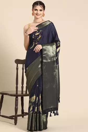 Silk land navy blue floral kanchipuram silk saree with unstitched blouse piece