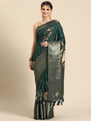 Silk land green floral kanchipuram silk saree with unstitched blouse piece 1