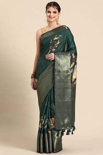 Silk land green floral kanchipuram silk saree with unstitched blouse piece