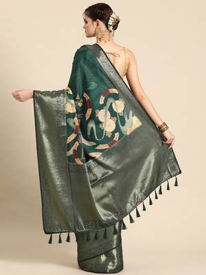 Silk land green floral kanchipuram silk saree with unstitched blouse piece 2