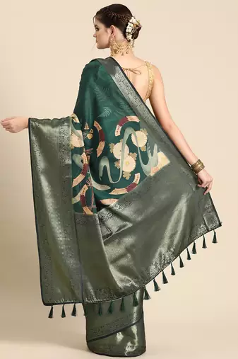 Silk land green floral kanchipuram silk saree with unstitched blouse piece