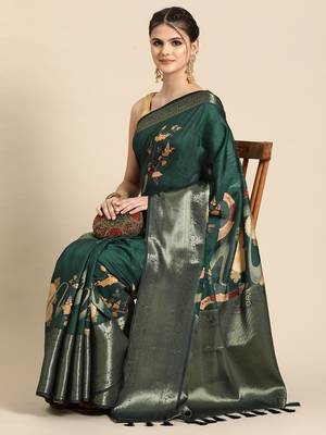 Silk land green floral kanchipuram silk saree with unstitched blouse piece 3
