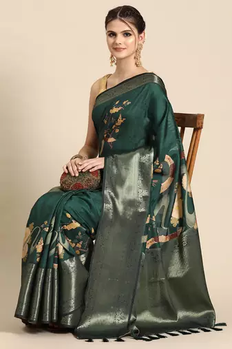 Silk land green floral kanchipuram silk saree with unstitched blouse piece