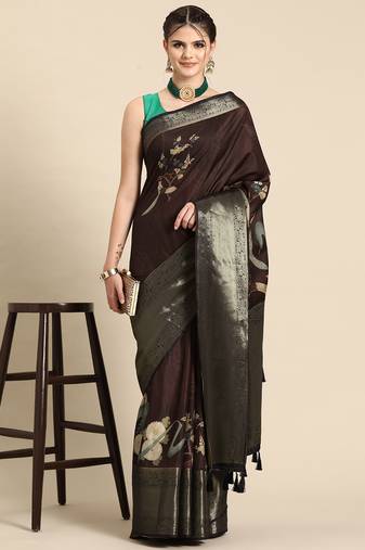Silk land brown floral kanchipuram silk saree with unstitched blouse piece