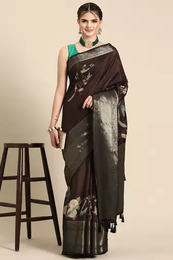 Silk land brown floral kanchipuram silk saree with unstitched blouse piece