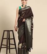 Silk land brown floral kanchipuram silk saree with unstitched blouse piece