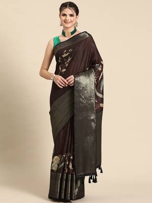 Silk land brown floral kanchipuram silk saree with unstitched blouse piece 2