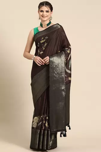 Silk land brown floral kanchipuram silk saree with unstitched blouse piece