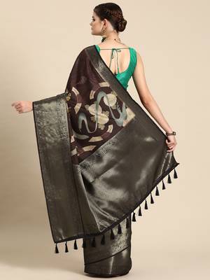Silk land brown floral kanchipuram silk saree with unstitched blouse piece 3
