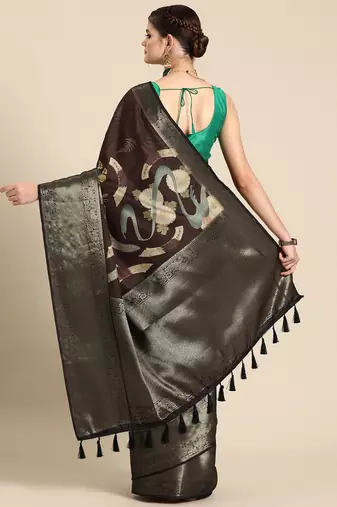 Silk land brown floral kanchipuram silk saree with unstitched blouse piece
