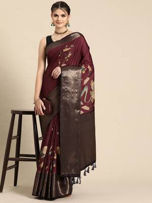 Silk land wine floral kanchipuram silk saree with unstitched blouse piece 1