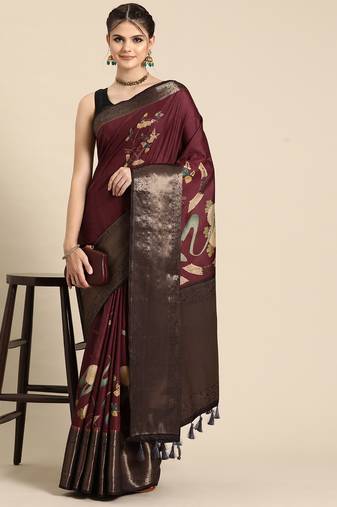 Silk land wine floral kanchipuram silk saree with unstitched blouse piece