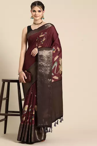 Silk land wine floral kanchipuram silk saree with unstitched blouse piece