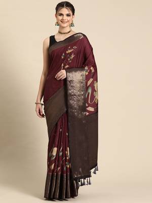 Silk land wine floral kanchipuram silk saree with unstitched blouse piece 2