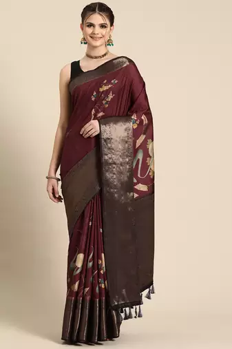Silk land wine floral kanchipuram silk saree with unstitched blouse piece